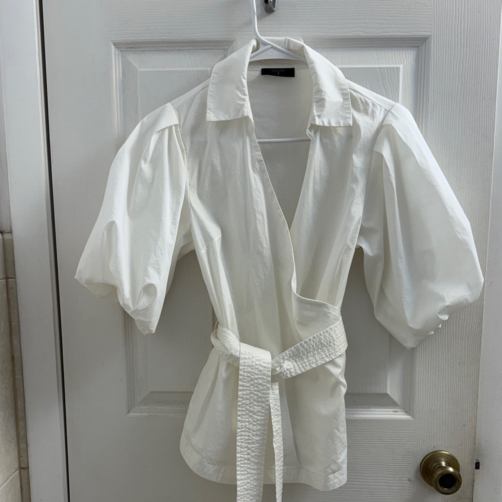 Tahari White Puff-Sleeve Wrap Top with Self-Tie Belt
